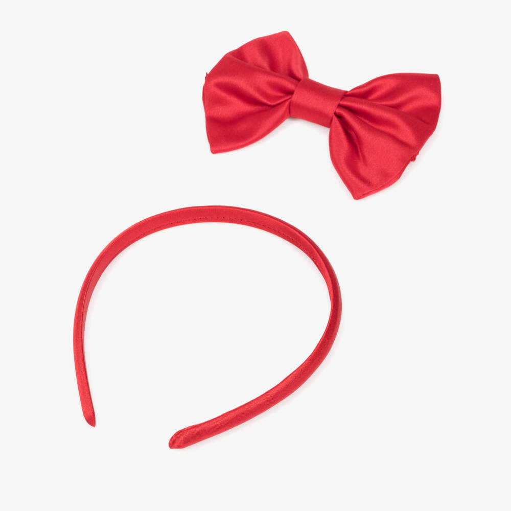 Caramelo Kids-Girls Red Satin Dress & Hairband Set with Bows & Diamantés | Childrensalon Outlet