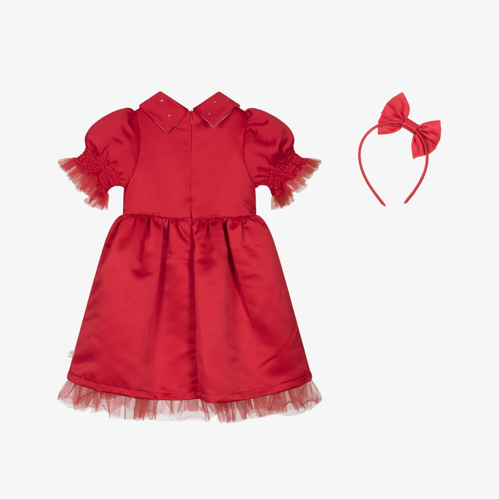 Caramelo Kids-Girls Red Satin Dress & Hairband Set with Bows & Diamantés | Childrensalon Outlet