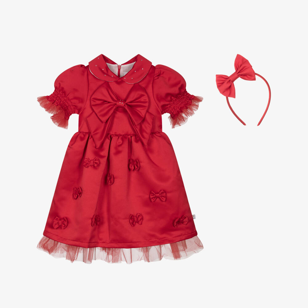 Caramelo Kids-Girls Red Satin Dress & Hairband Set with Bows & Diamantés | Childrensalon Outlet