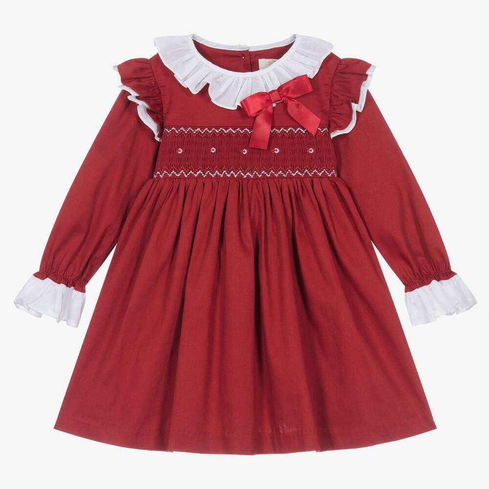 Caramelo Kids - Girls Red Smocked & Ruffled Cotton Dress | Childrensalon