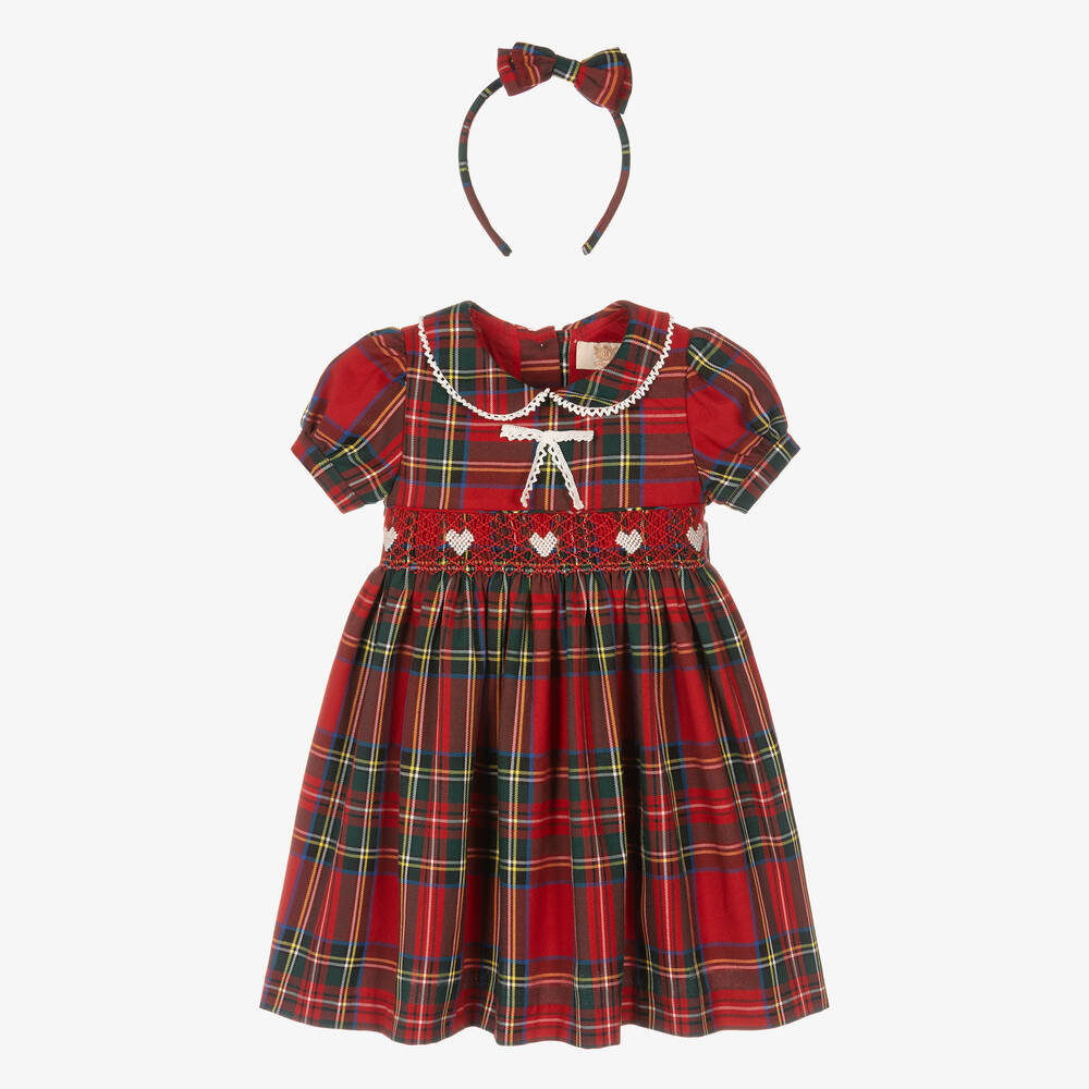 Caramelo Kids - Girls Red Smocked Tartan Dress & Hairband Set | Childrensalon