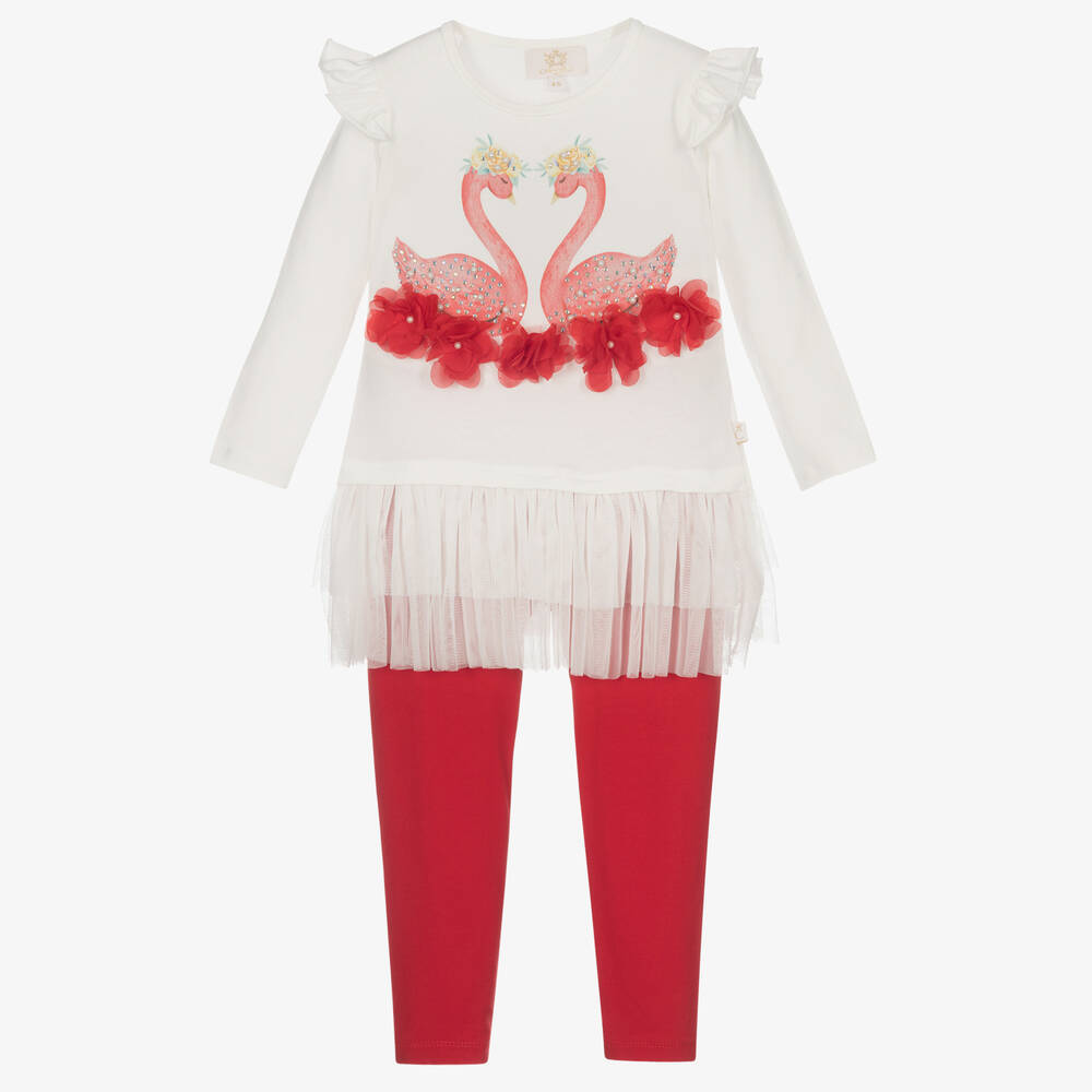 Caramelo Kids - Girls Red Swans Leggings Set  | Childrensalon