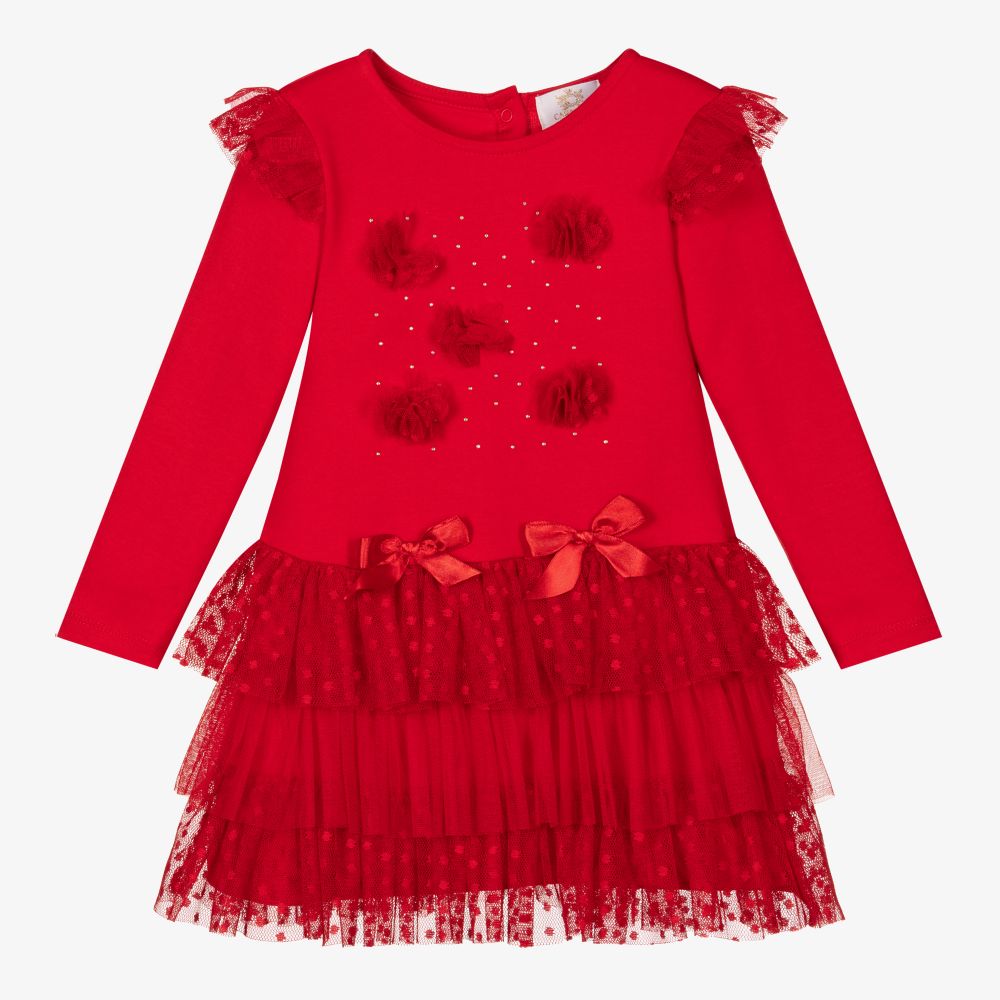 Caramelo Kids - فستان قطن تول لون أحمر  | Childrensalon