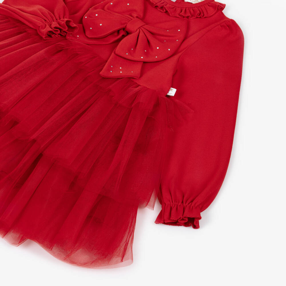 Caramelo Kids-Girls Red Tulle Dress Set with Diamanté Bows | Childrensalon Outlet