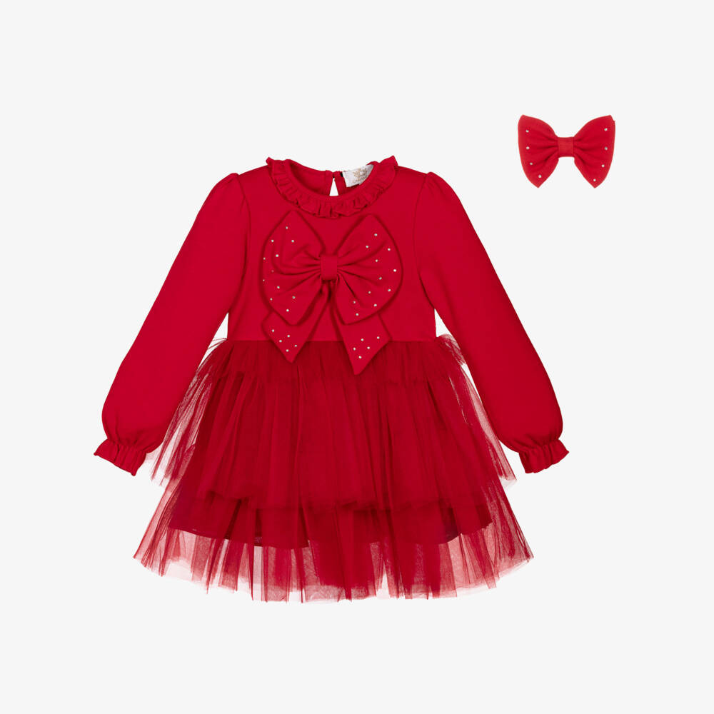 Caramelo Kids-Girls Red Tulle Dress Set with Diamanté Bows | Childrensalon Outlet