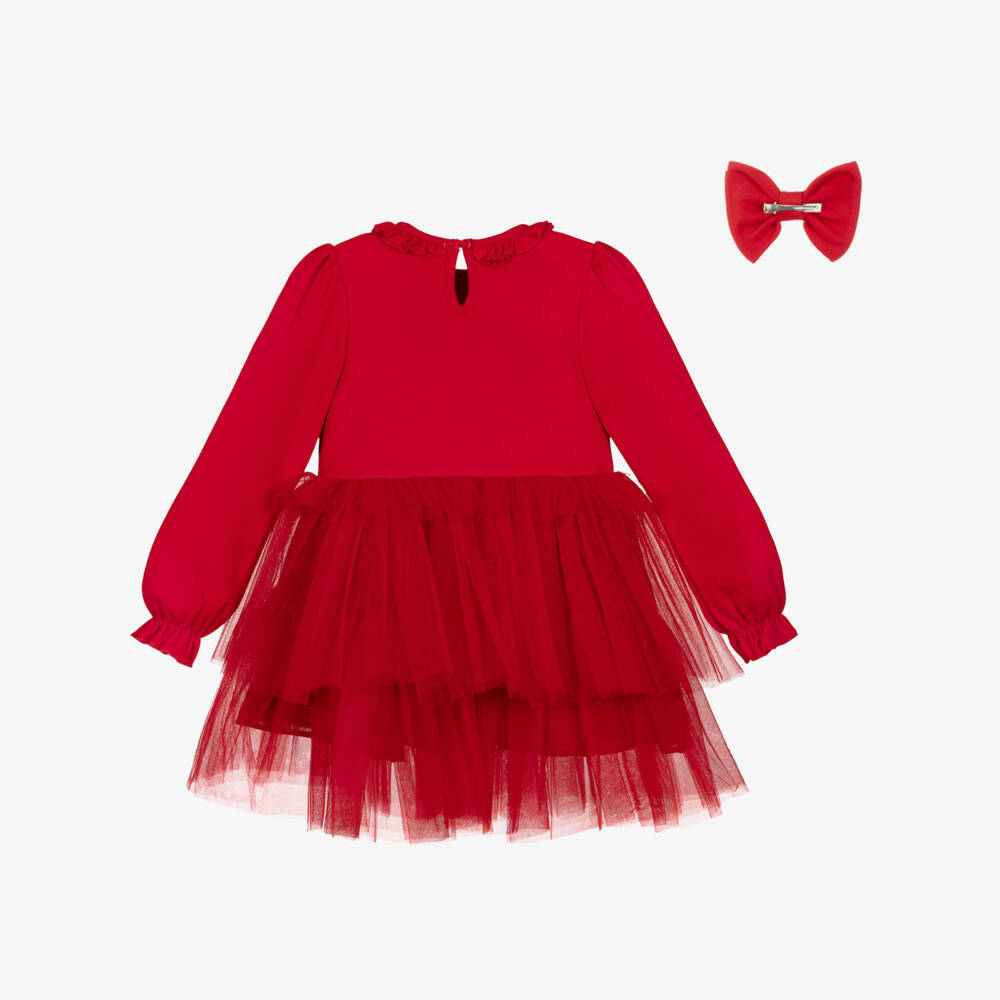 Caramelo Kids-Girls Red Tulle Dress Set with Diamanté Bows | Childrensalon Outlet