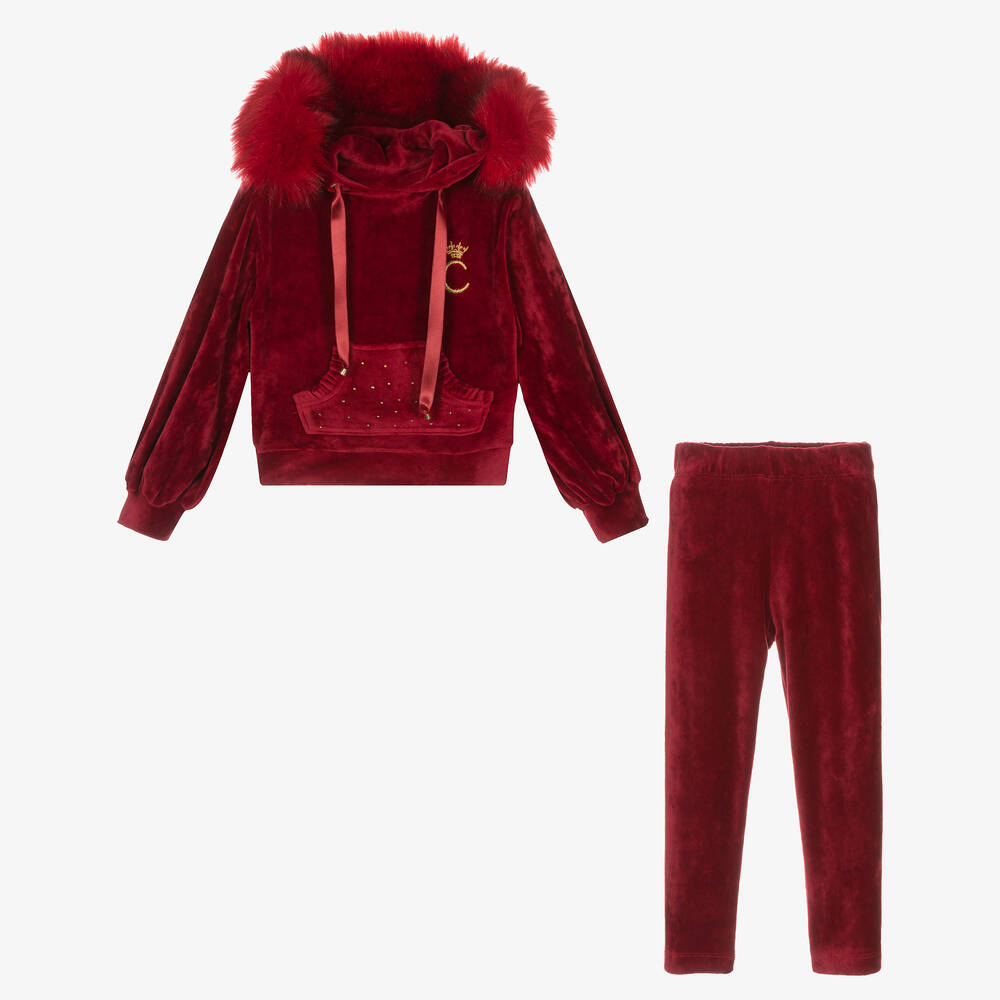Caramelo Kids-Girls Red Velour Diamanté Tracksuit | Childrensalon Outlet