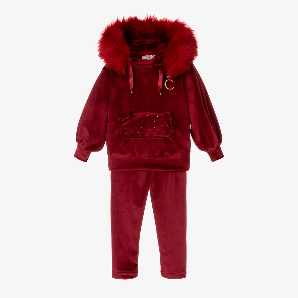 Caramelo Kids-Girls Red Velour Diamanté Tracksuit | Childrensalon Outlet