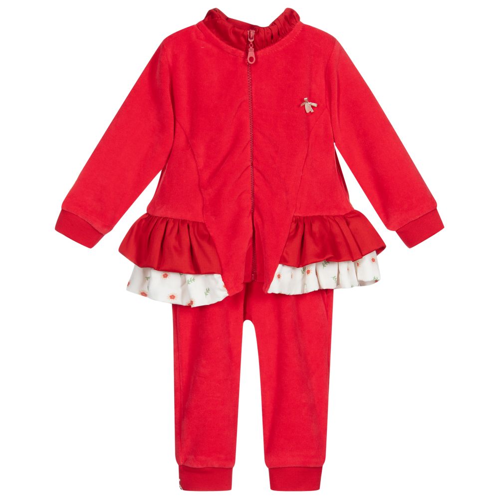 Caramelo Kids - Girls Red Velour Tracksuit | Childrensalon