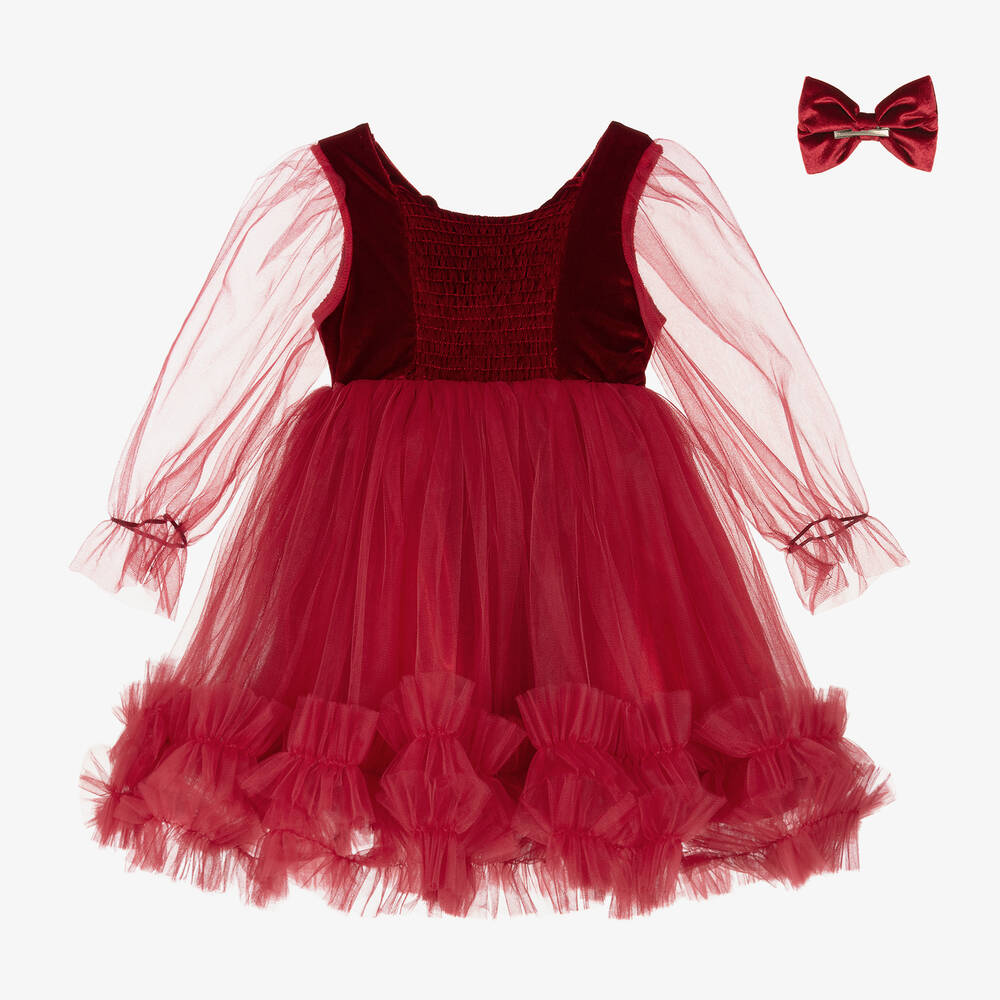 Caramelo Kids-Girls Red Velvet & Tulle Dress Set | Childrensalon Outlet