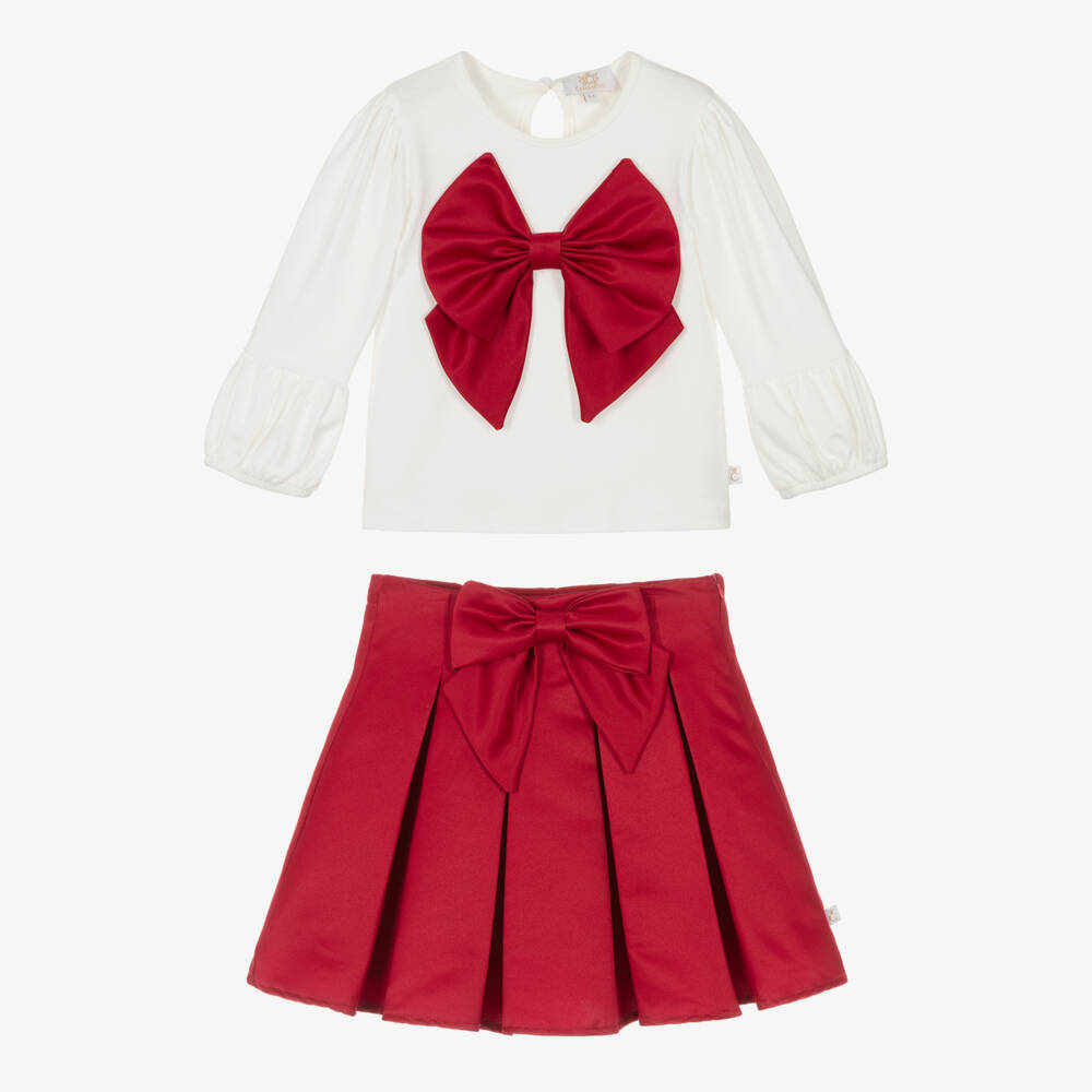 Caramelo Kids-Girls Red & White Pleated Skirt Set with Bows | Childrensalon Outlet