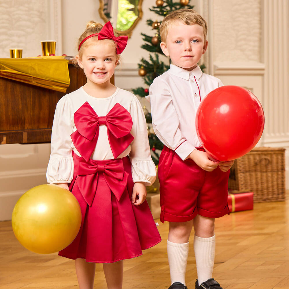 Caramelo Kids-Girls Red & White Pleated Skirt Set with Bows | Childrensalon Outlet