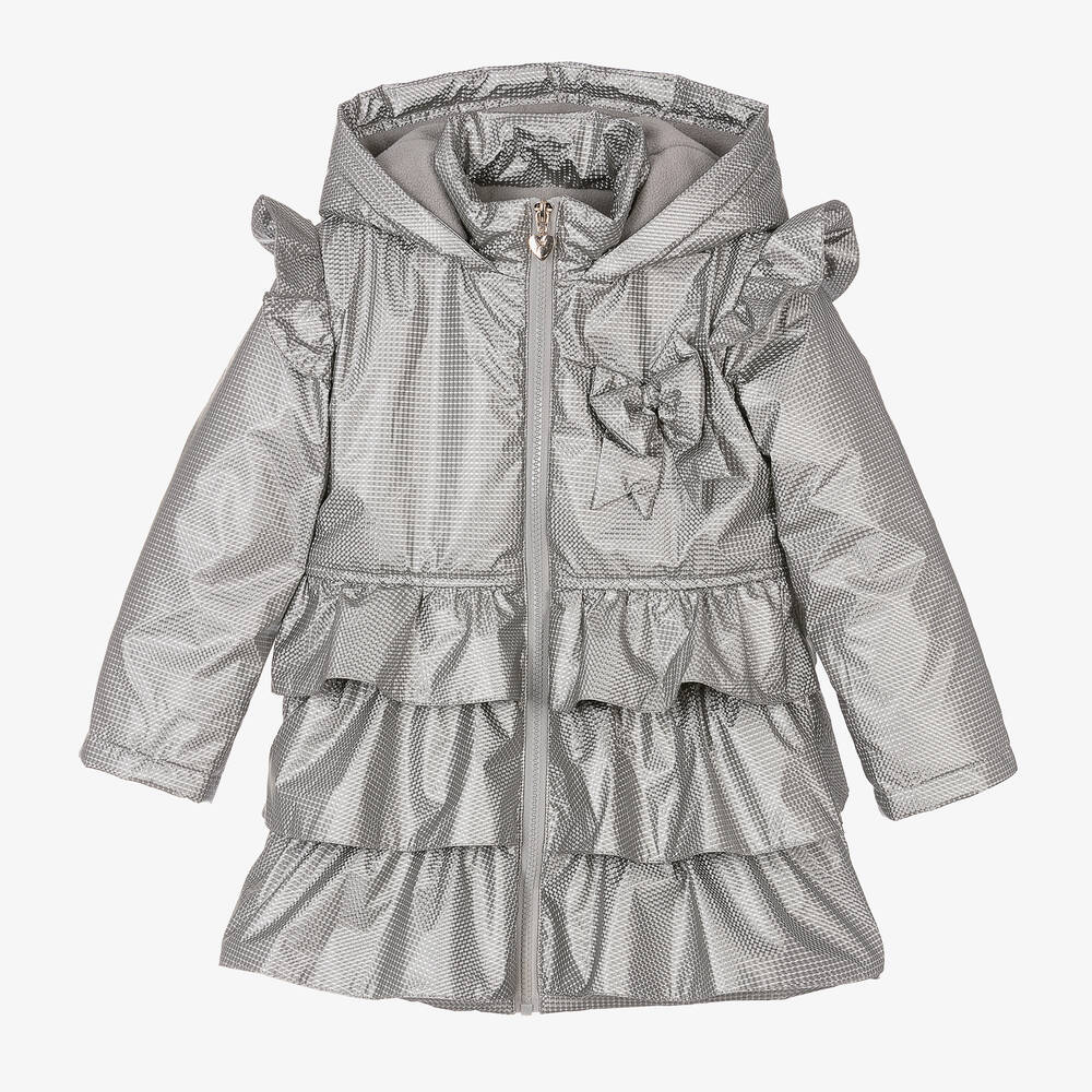 Caramelo Kids - Girls Silver Hooded Ruffes Coat | Childrensalon