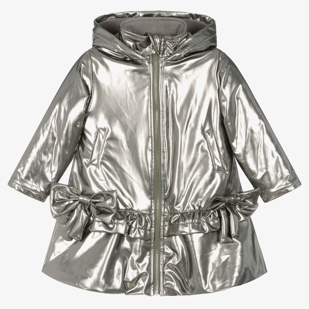 Caramelo Kids - Girls Silver Shimmer Bows Hooded Coat | Childrensalon