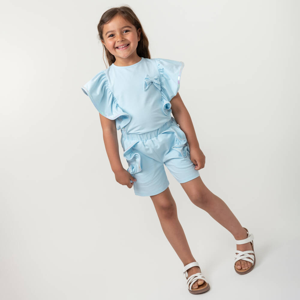 Caramelo Kids-Girls Sky Blue Shimmer Shorts Ensemble | Childrensalon Outlet