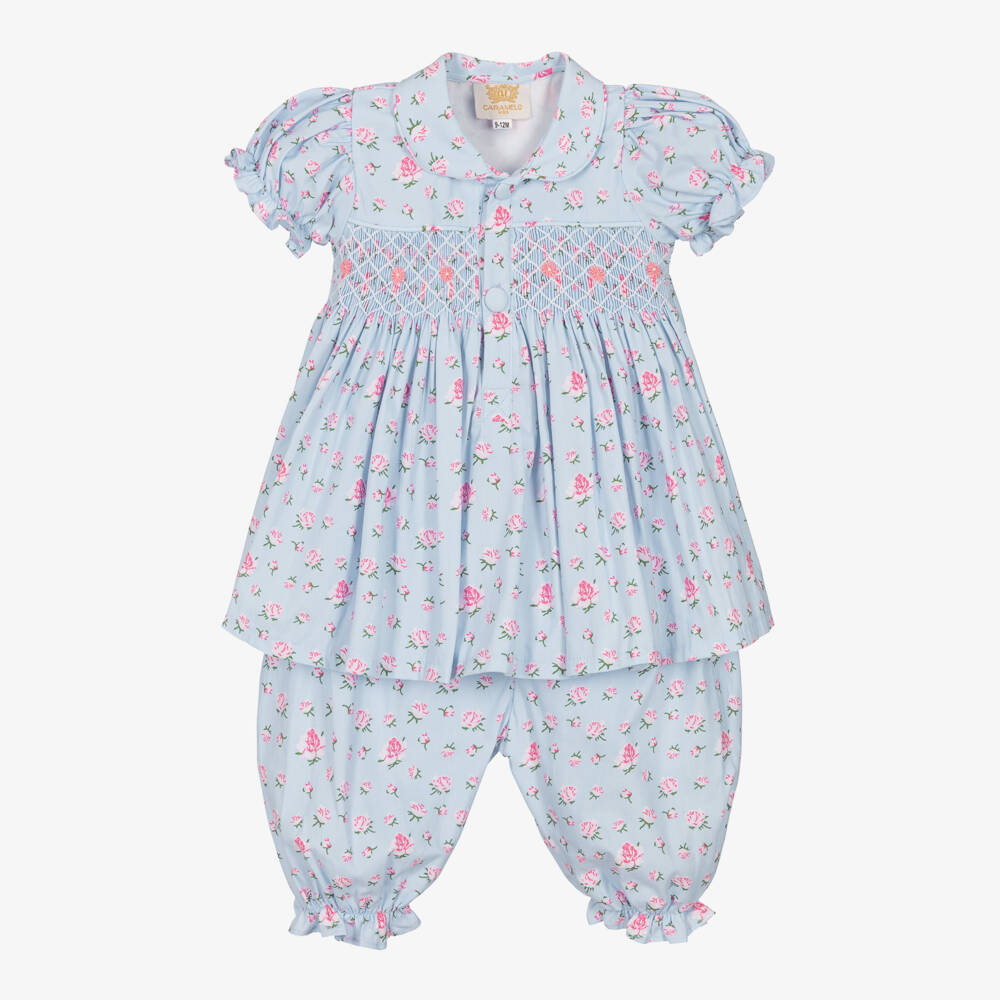 Caramelo Kids-Girls Soft Blue Smocked Nightwear Set | Childrensalon Outlet