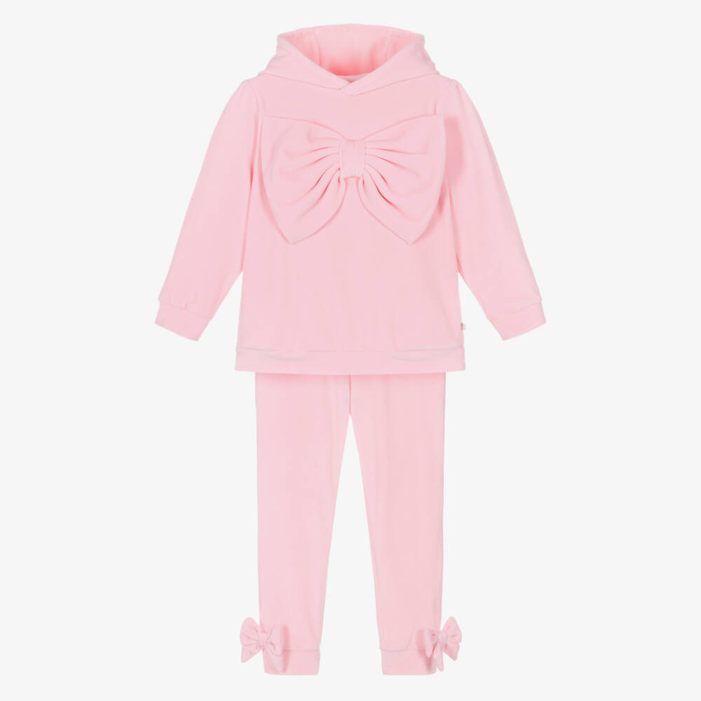 Caramelo Kids-بدلة رياضية مخملية ناعمة باللون الوردي للبنات مع فيونكة | Childrensalon Outlet