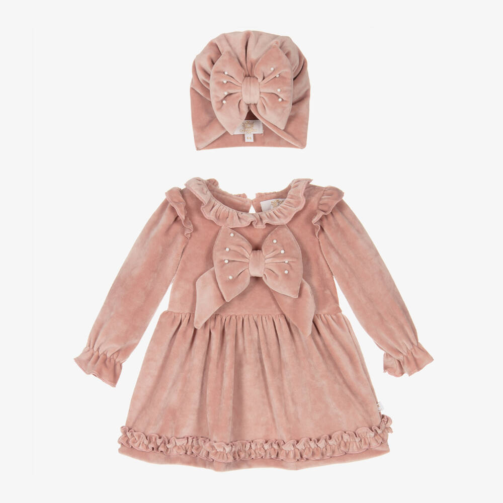 Caramelo Kids-Girls Velour Pink Bow Dress Set | Childrensalon Outlet
