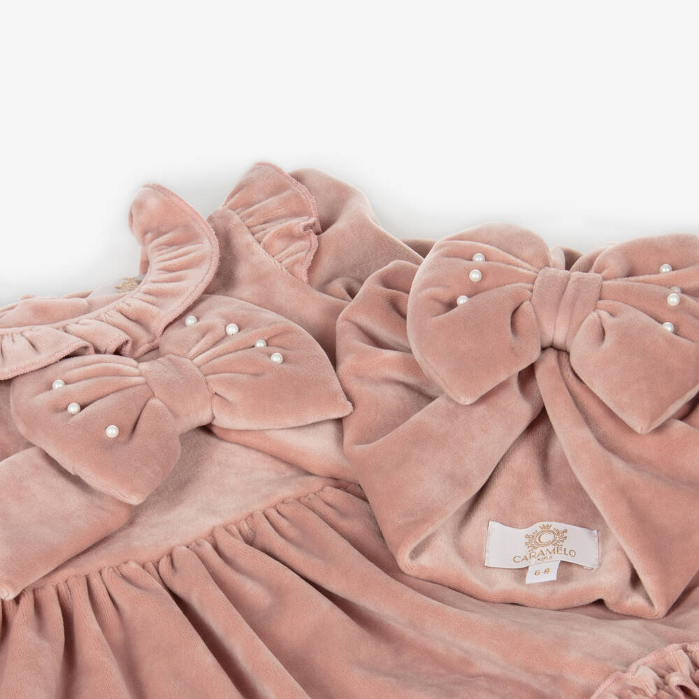 Caramelo Kids-Girls Velour Pink Bow Dress Set | Childrensalon Outlet