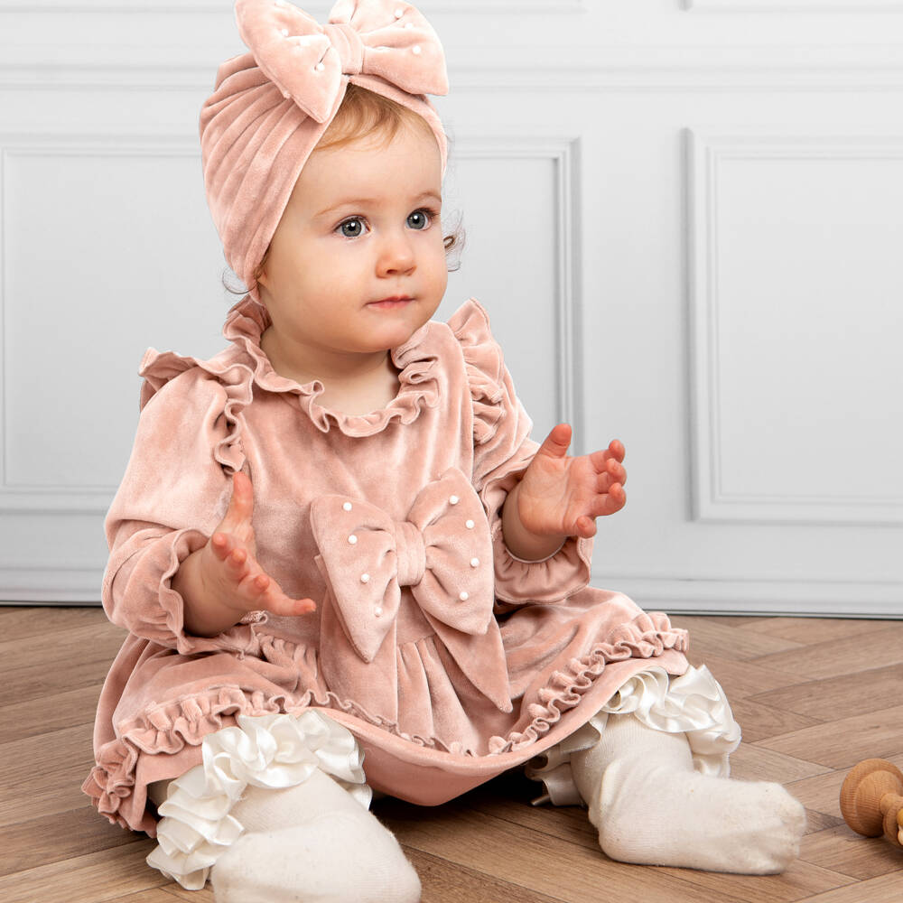 Caramelo Kids-Girls Velour Pink Bow Dress Set | Childrensalon Outlet