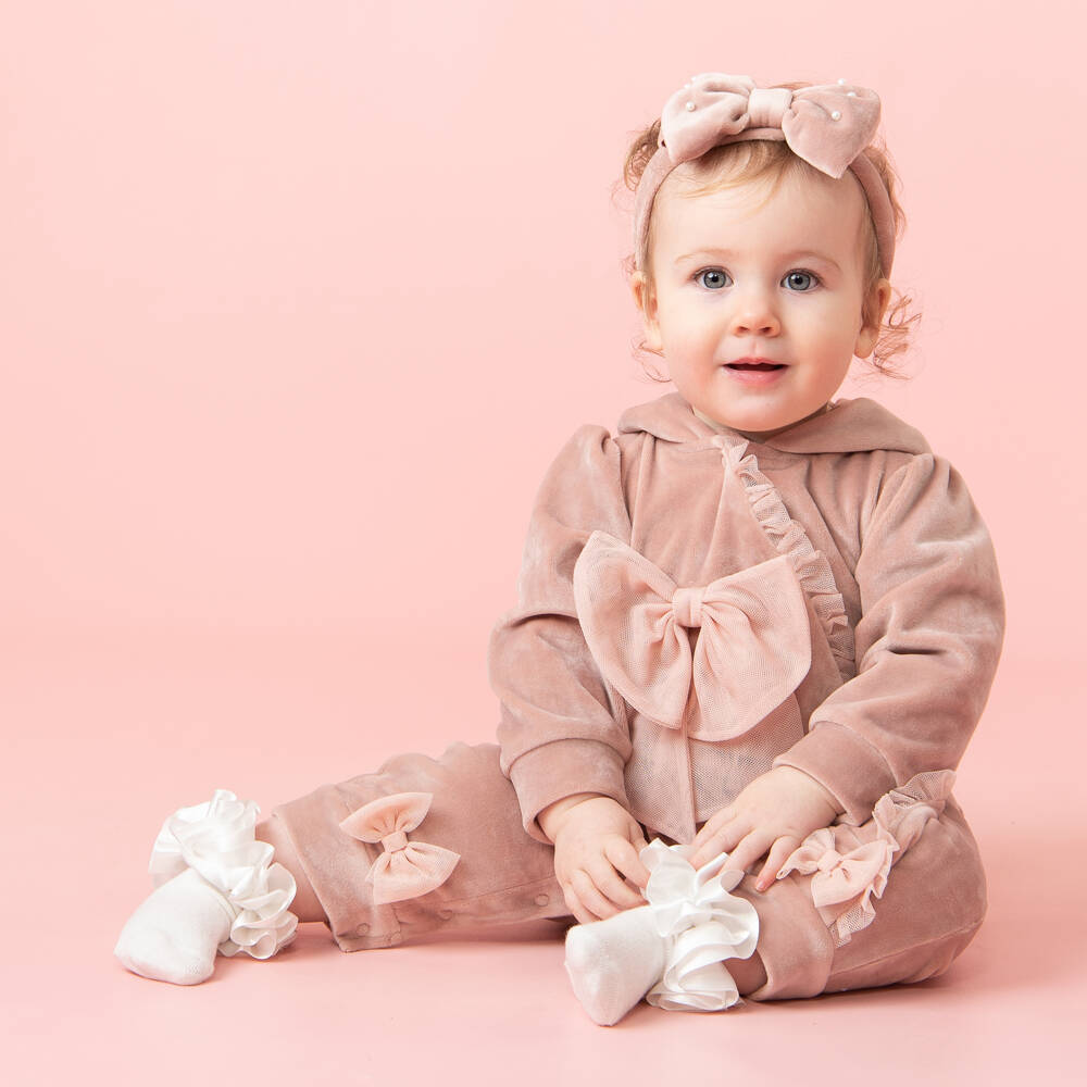 Caramelo Kids-Girls Velour Pink Bow Romper | Childrensalon Outlet