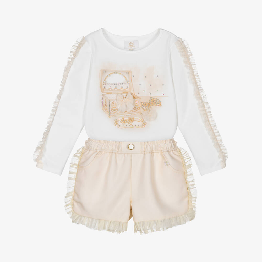 Caramelo Kids-Girls White & Beige Cotton Shorts Set with Jewellery Box Print | Childrensalon Outlet
