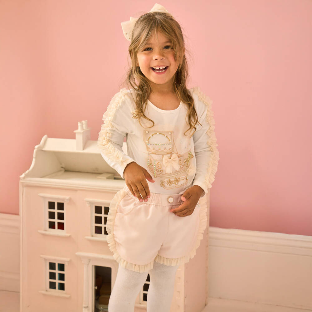 Caramelo Kids-Girls White & Beige Cotton Shorts Set with Jewellery Box Print | Childrensalon Outlet