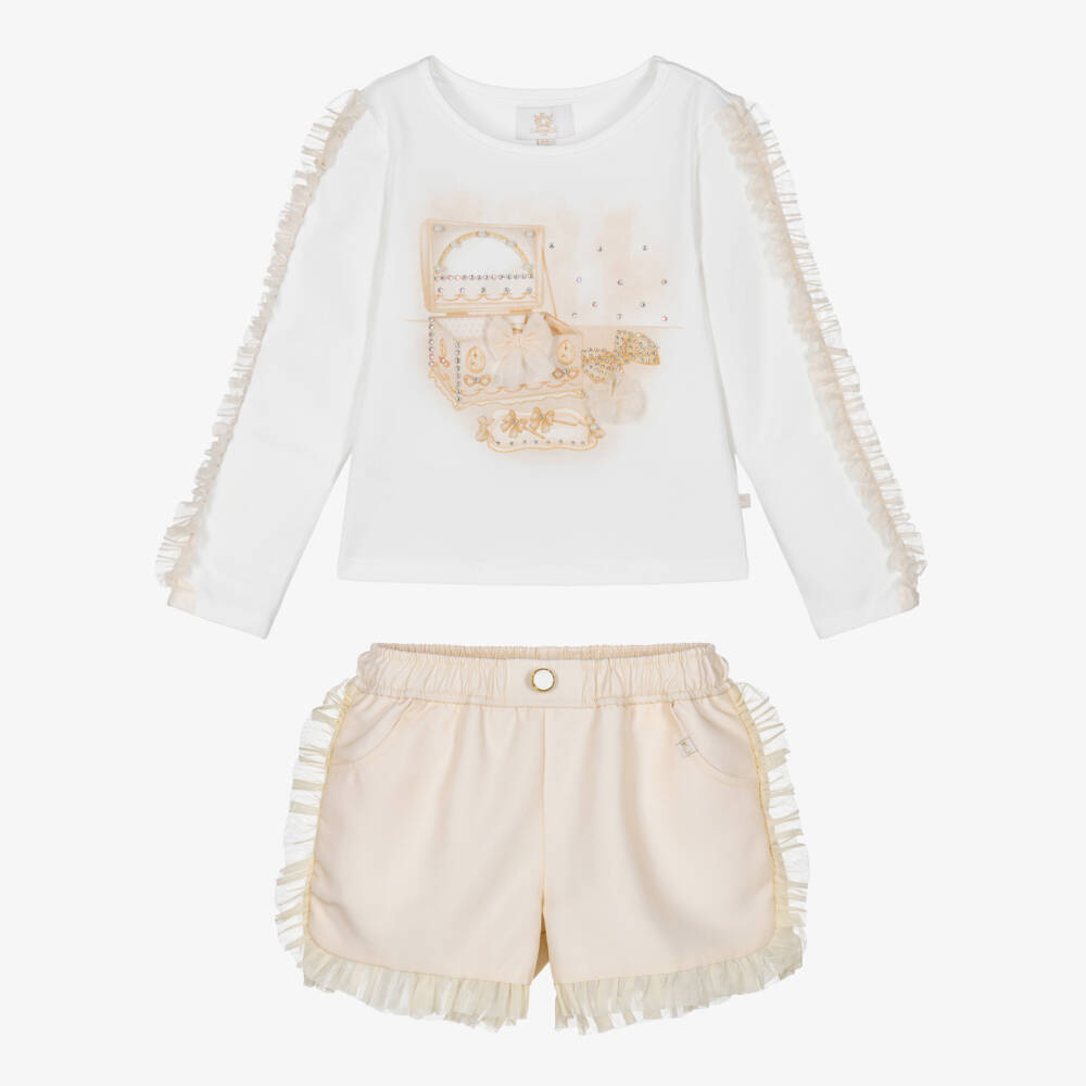 Caramelo Kids-Girls White & Beige Cotton Shorts Set with Jewellery Box Print | Childrensalon Outlet