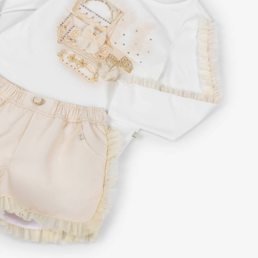 Caramelo Kids-Girls White & Beige Cotton Shorts Set with Jewellery Box Print | Childrensalon Outlet