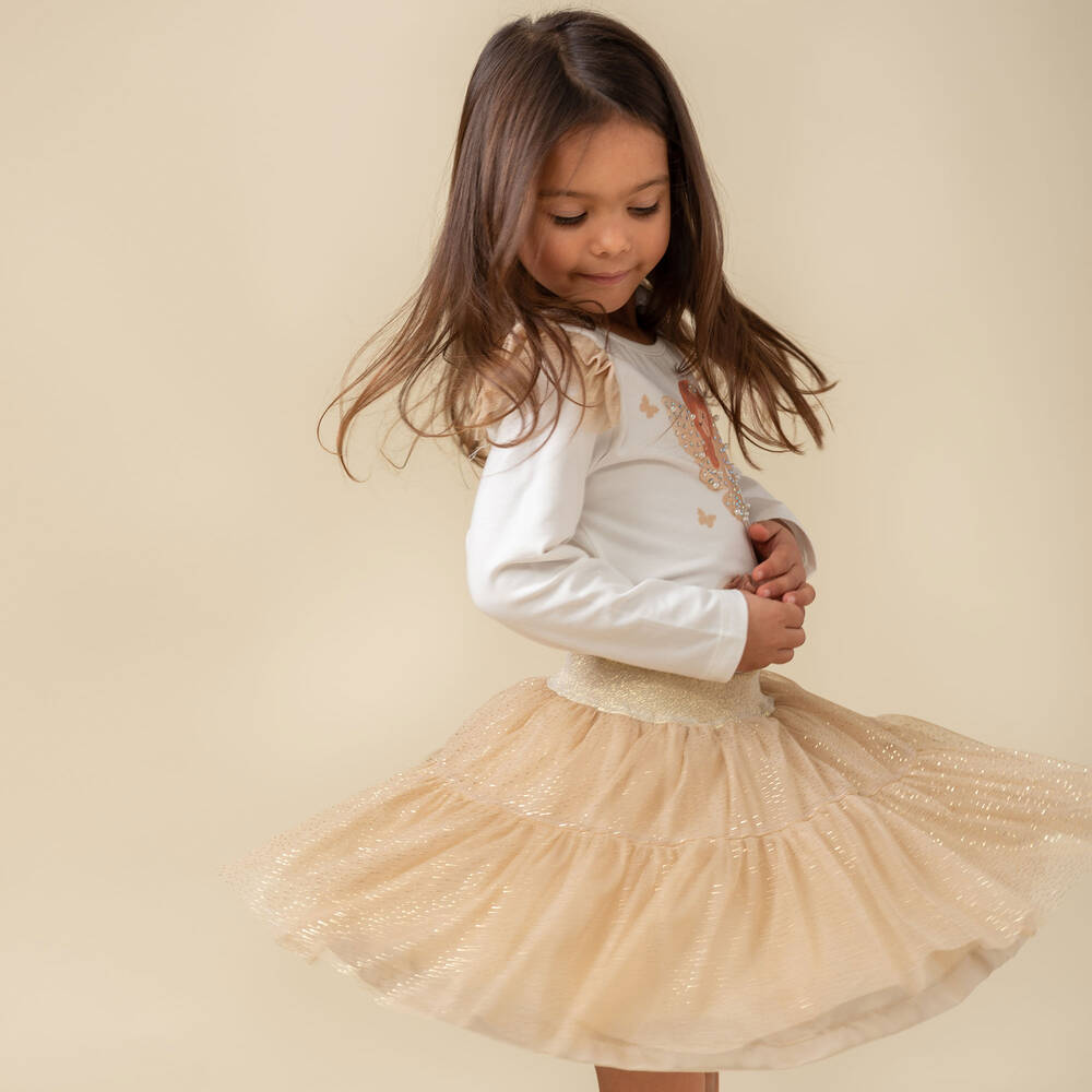Caramelo Kids-Белый топ с феей и бежевая юбка из тюля | Childrensalon Outlet