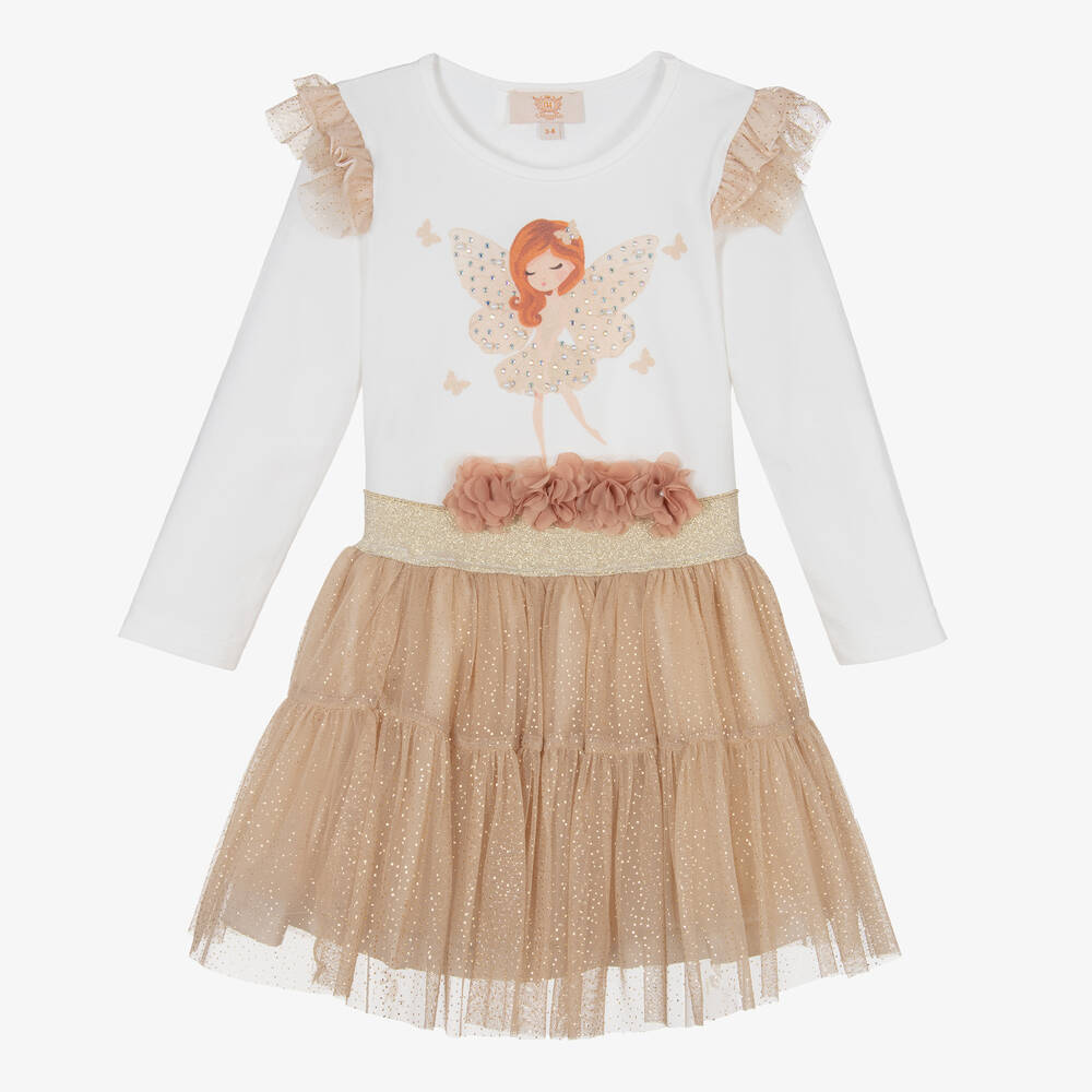 Caramelo Kids-طقم تنورة قطن وتول لون أبيض وبيج | Childrensalon Outlet