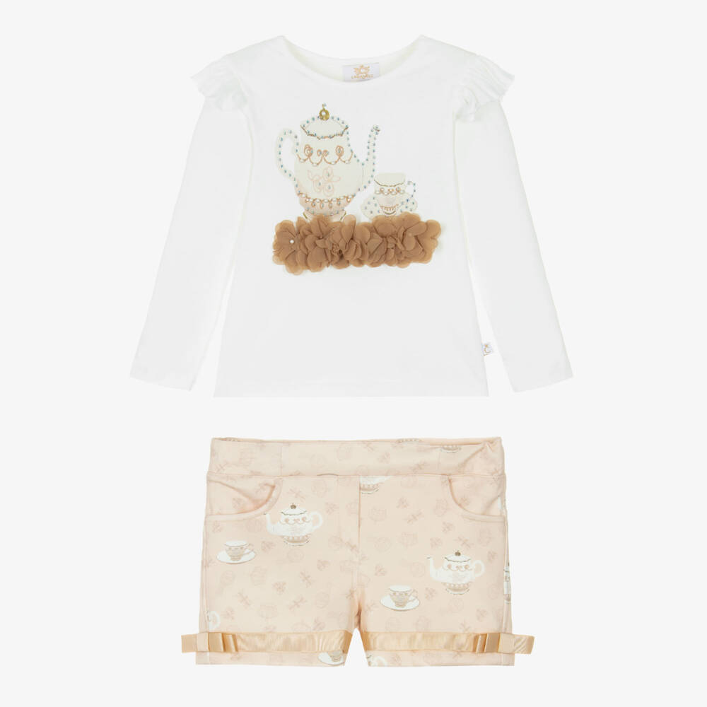 Caramelo Kids-Girls White & Beige Tea Party Shorts Set | Childrensalon Outlet