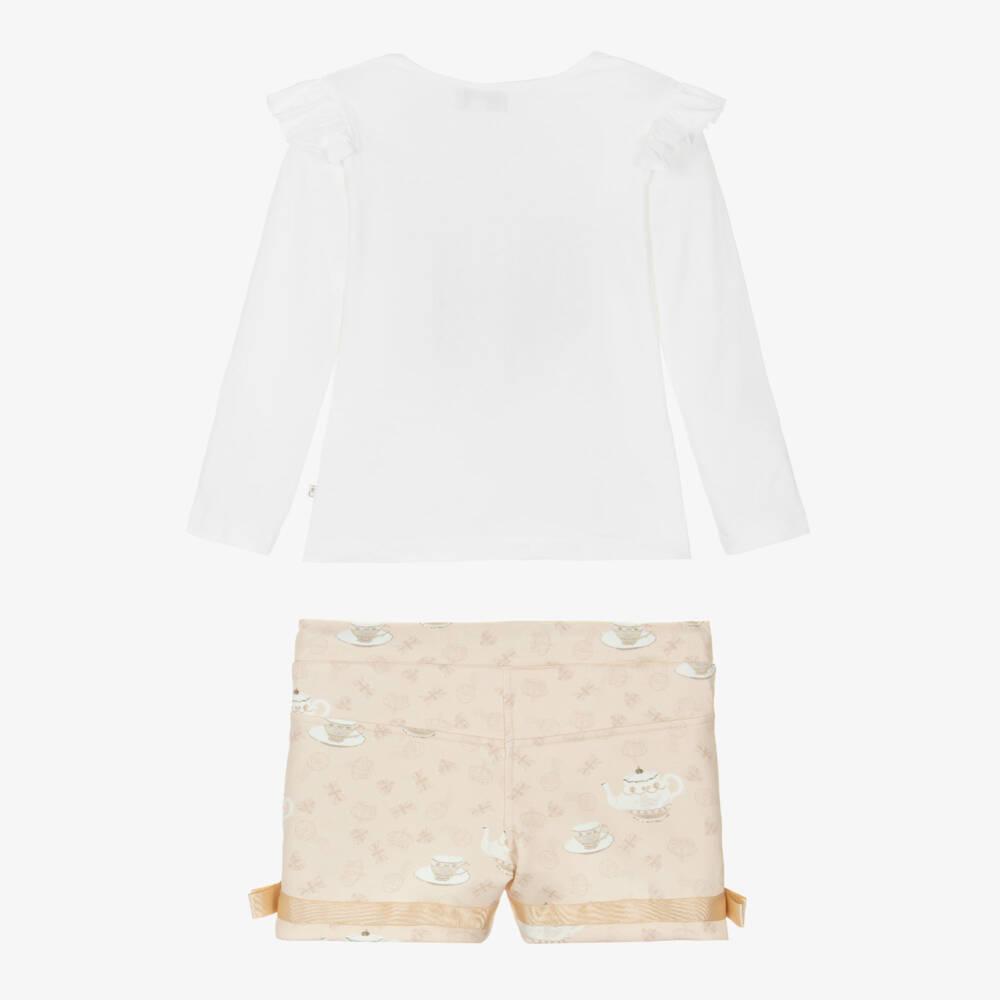 Caramelo Kids-Girls White & Beige Tea Party Shorts Set | Childrensalon Outlet