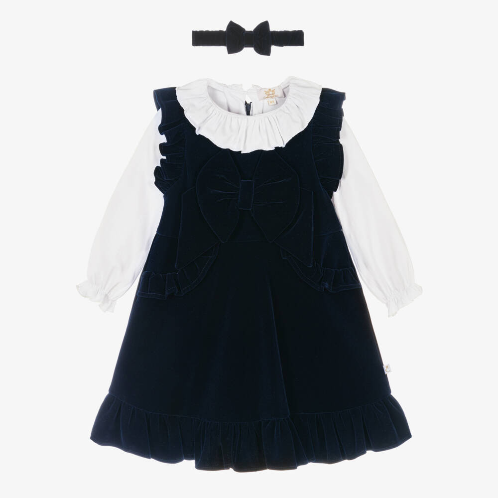Caramelo Kids-Girls White Blouse & Navy Blue Velvet Dress Set | Childrensalon Outlet
