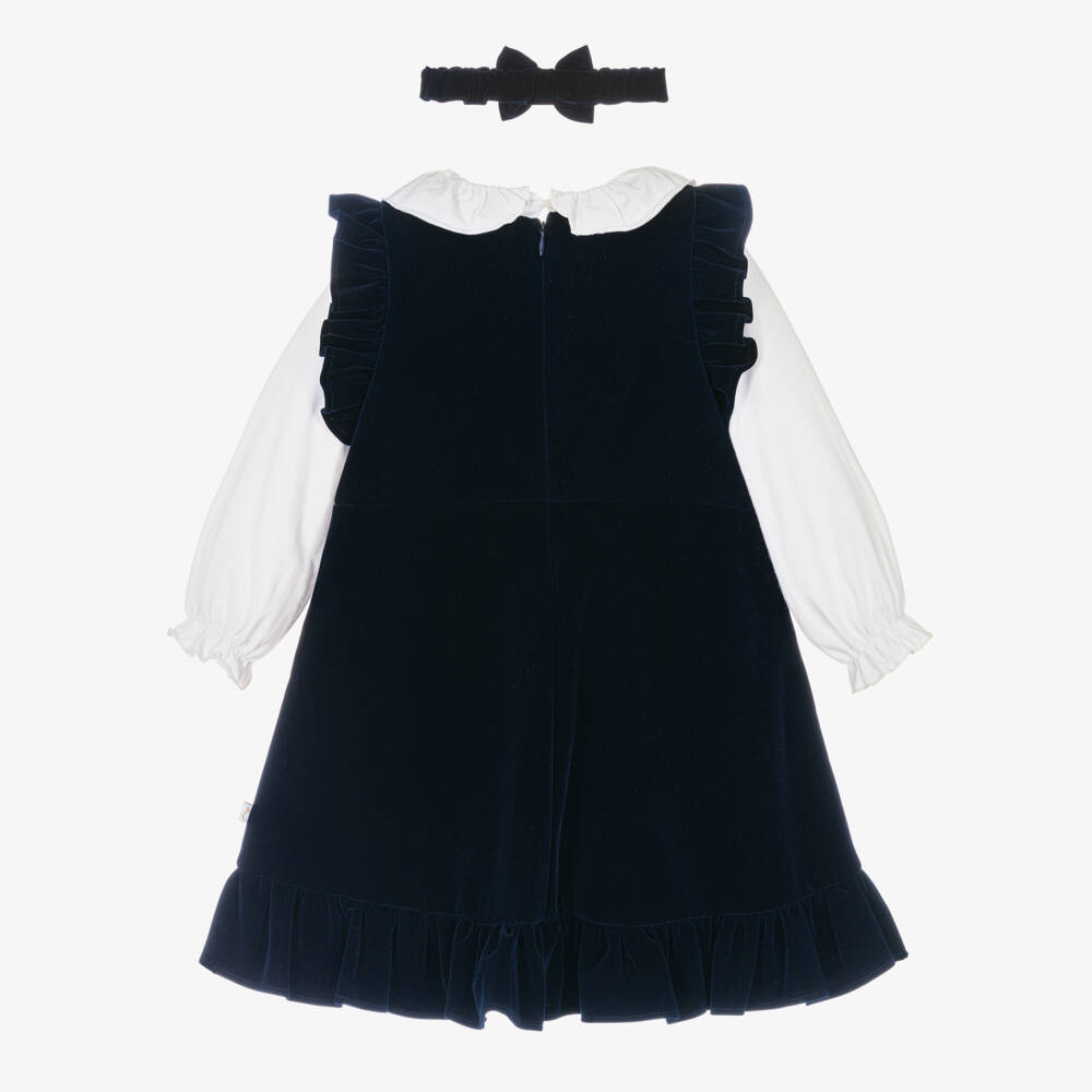 Caramelo Kids-Girls White Blouse & Navy Blue Velvet Dress Set | Childrensalon Outlet
