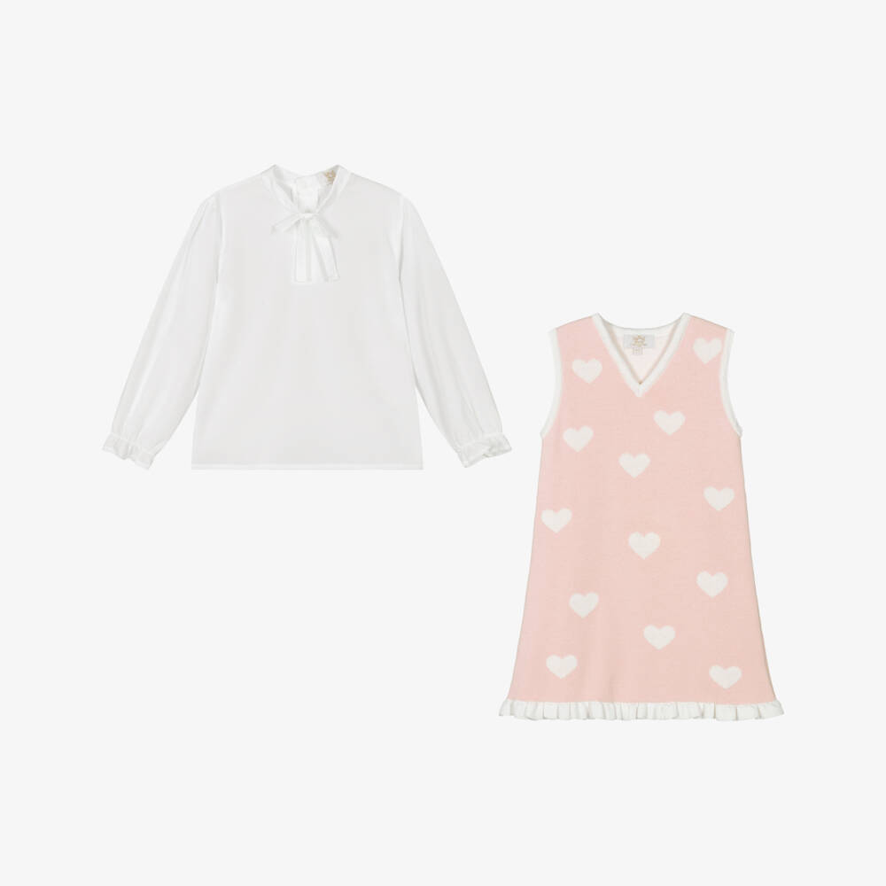 Caramelo Kids-طقم بلوزة وفستان محبوك لون أبيض وزهري | Childrensalon Outlet