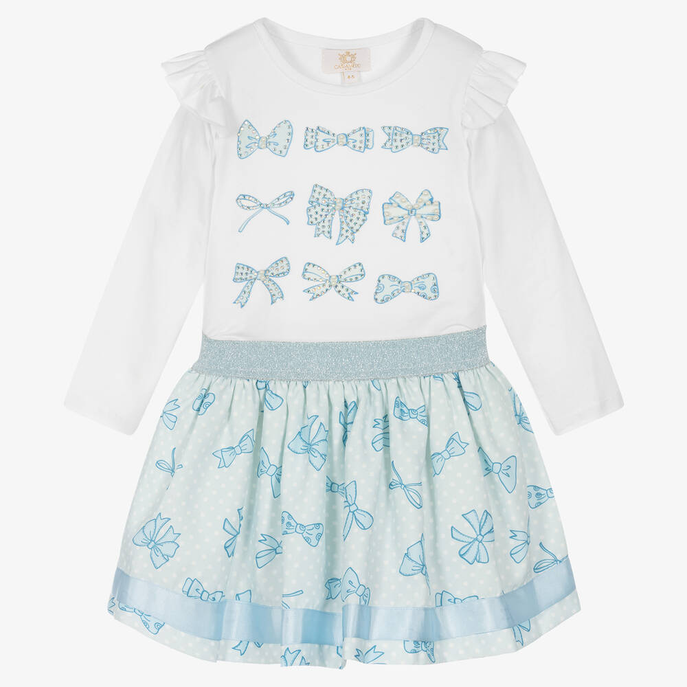 Caramelo Kids - Girls White & Blue Bow Print Skirt Set | Childrensalon