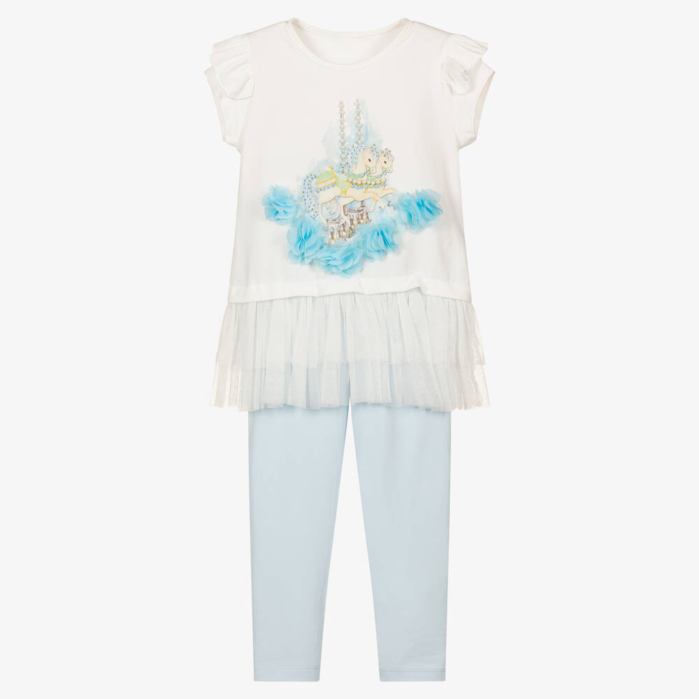 Caramelo Kids - Girls White & Blue Cotton Leggings Set | Childrensalon