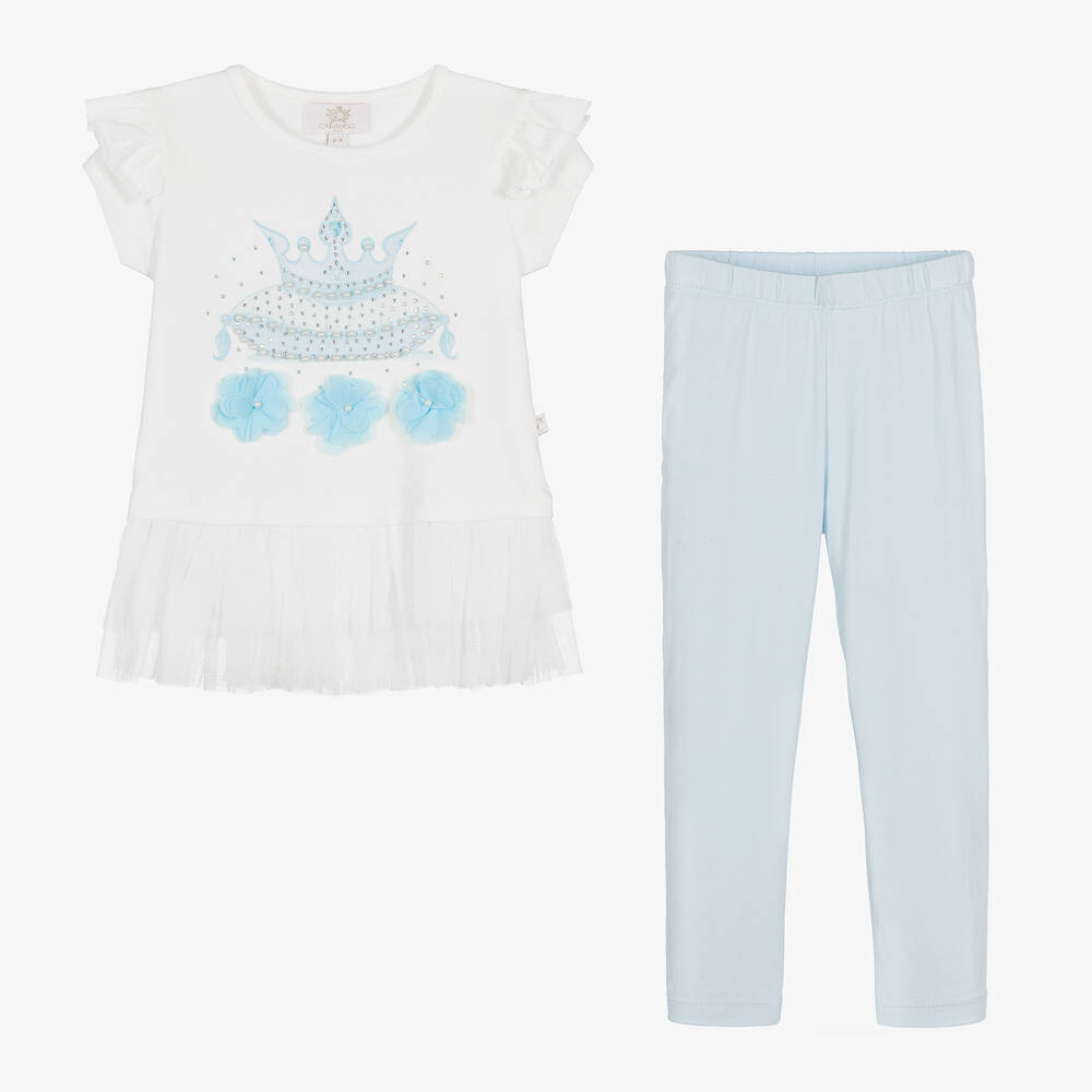 Caramelo Kids-Girls White & Blue Cotton Leggings Set | Childrensalon Outlet
