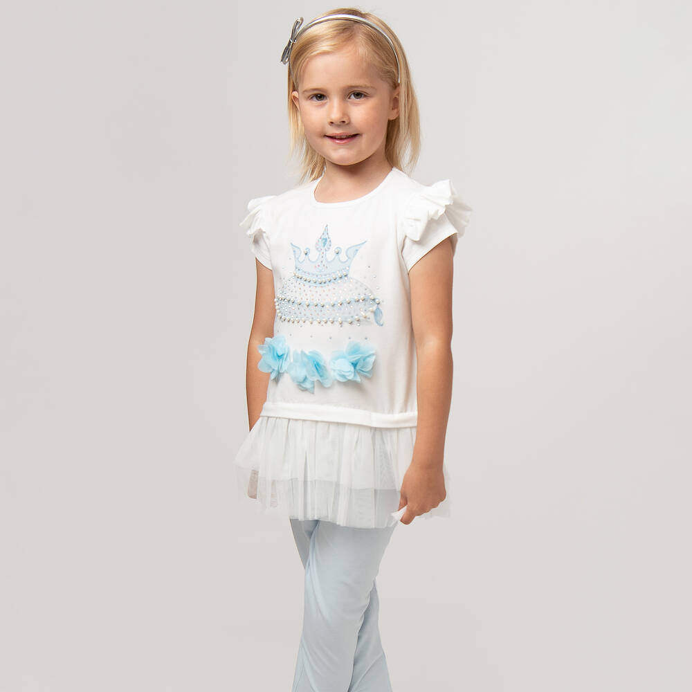 Caramelo Kids-Girls White & Blue Cotton Leggings Set | Childrensalon Outlet