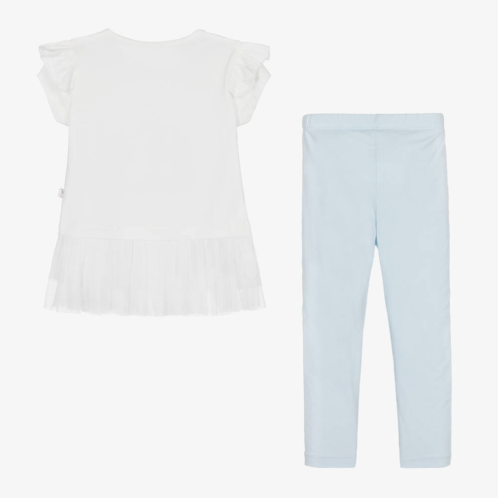 Caramelo Kids-Girls White & Blue Cotton Leggings Set | Childrensalon Outlet