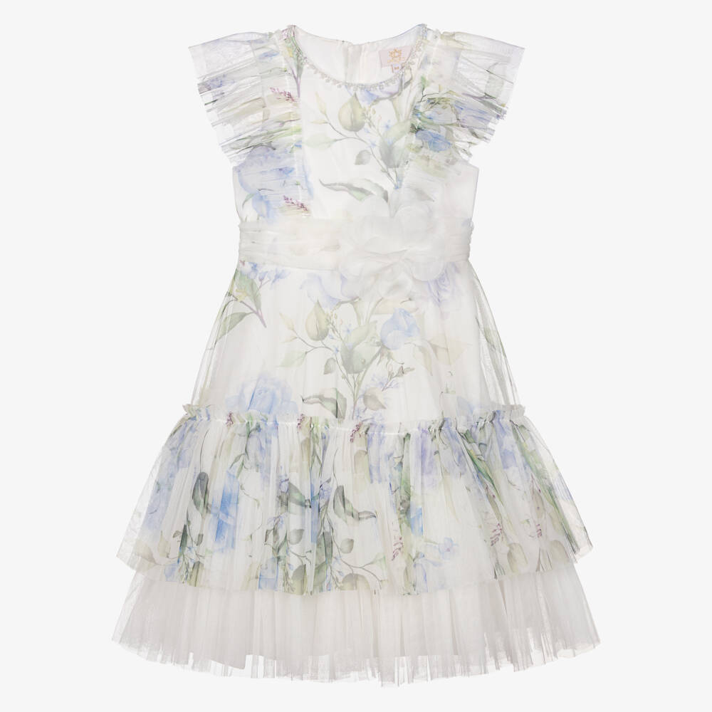 Caramelo Kids-Girls White & Blue Floral Tulle Dress | Childrensalon Outlet