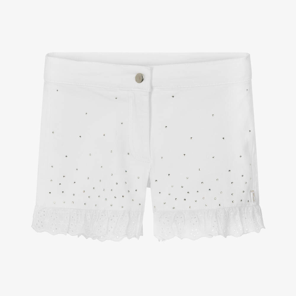 Caramelo Kids - Girls White Cotton Diamanté Shorts | Childrensalon