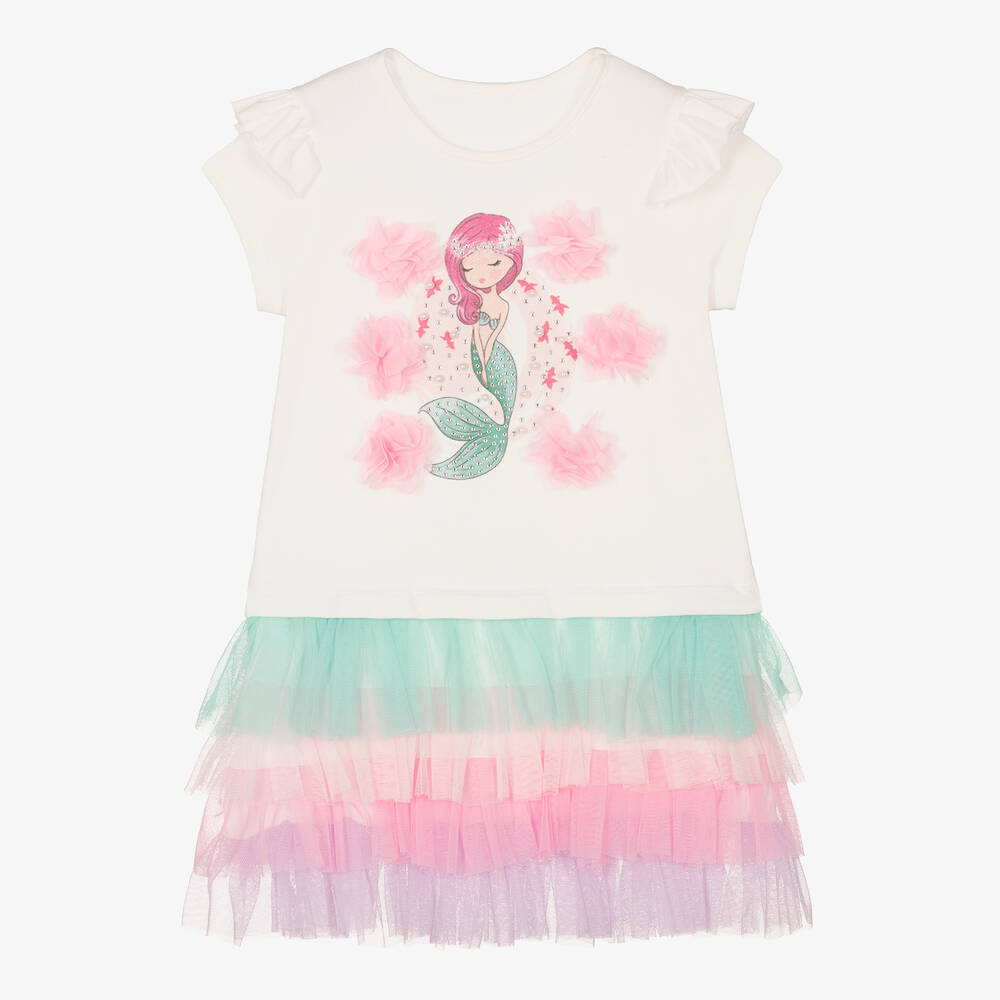 Caramelo Kids - Girls White Cotton & Tulle Mermaid Dress | Childrensalon