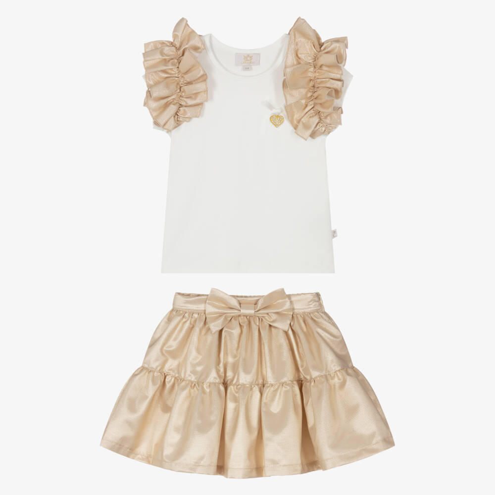 Caramelo Kids-Girls White & Gold Ruffle Skirt Set | Childrensalon Outlet