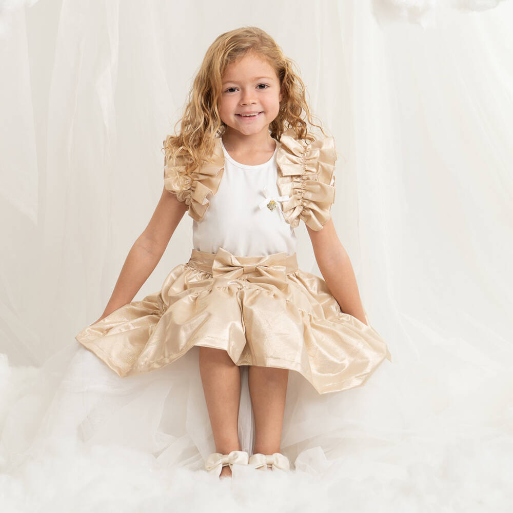 Caramelo Kids-Girls White & Gold Ruffle Skirt Set | Childrensalon Outlet