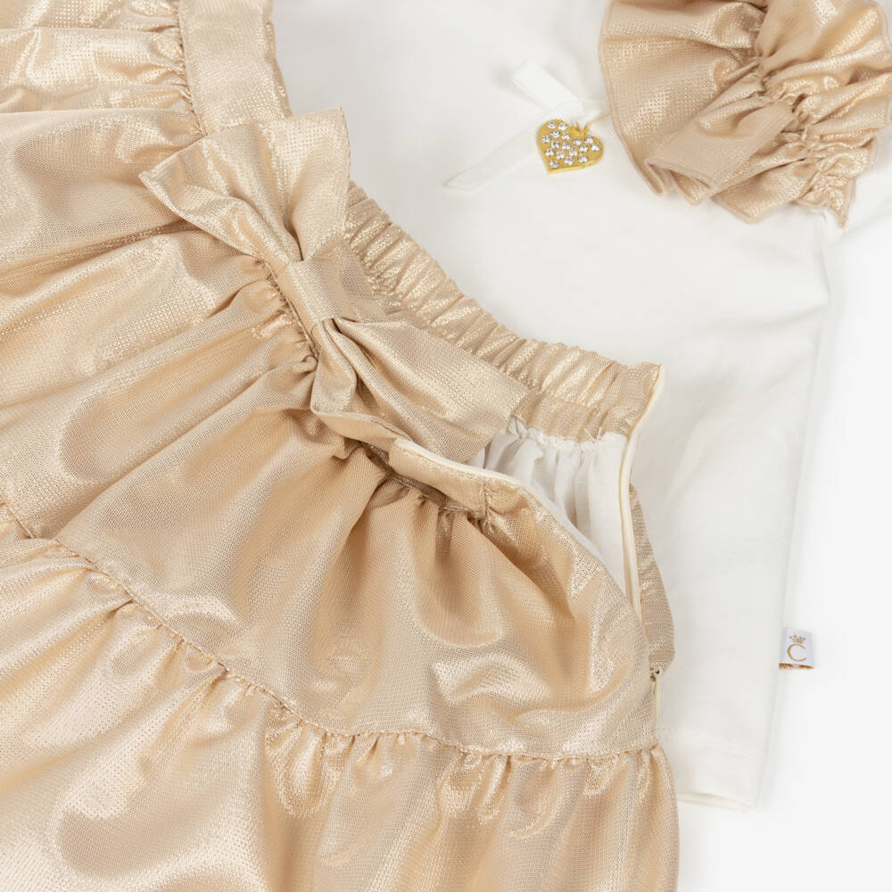 Caramelo Kids-Girls White & Gold Ruffle Skirt Set | Childrensalon Outlet