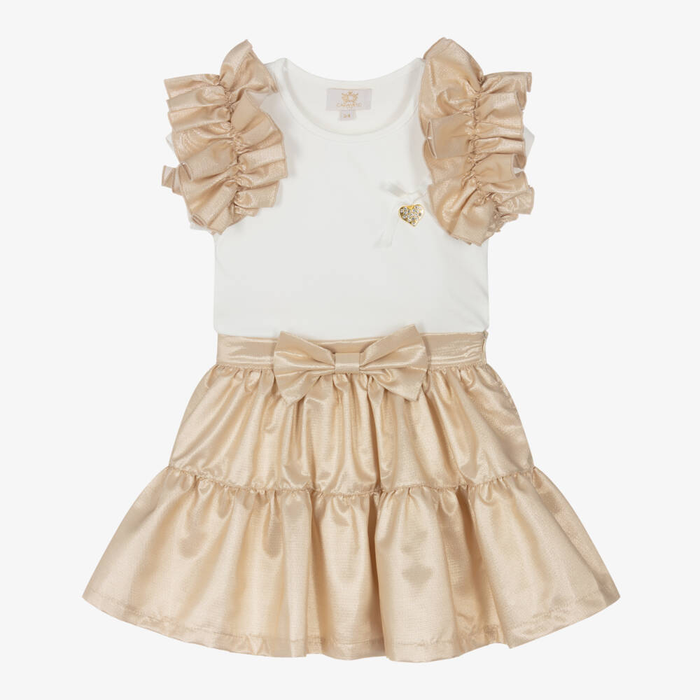 Caramelo Kids-Girls White & Gold Ruffle Skirt Set | Childrensalon Outlet