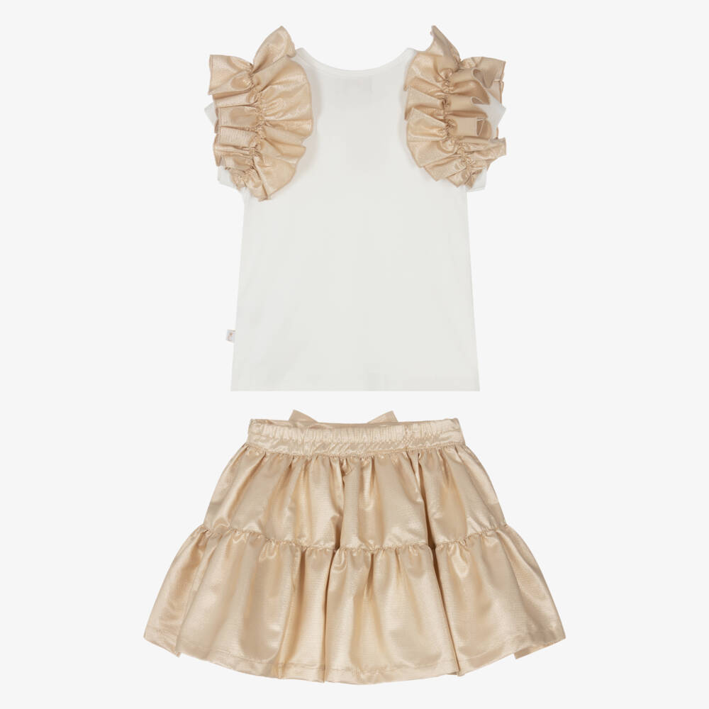 Caramelo Kids-Girls White & Gold Ruffle Skirt Set | Childrensalon Outlet