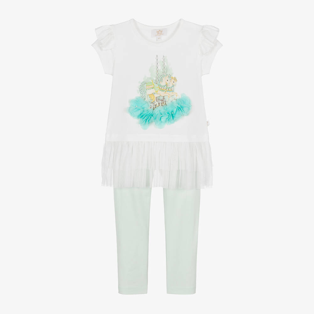 Caramelo Kids-Girls White & Green Cotton Leggings Set | Childrensalon Outlet